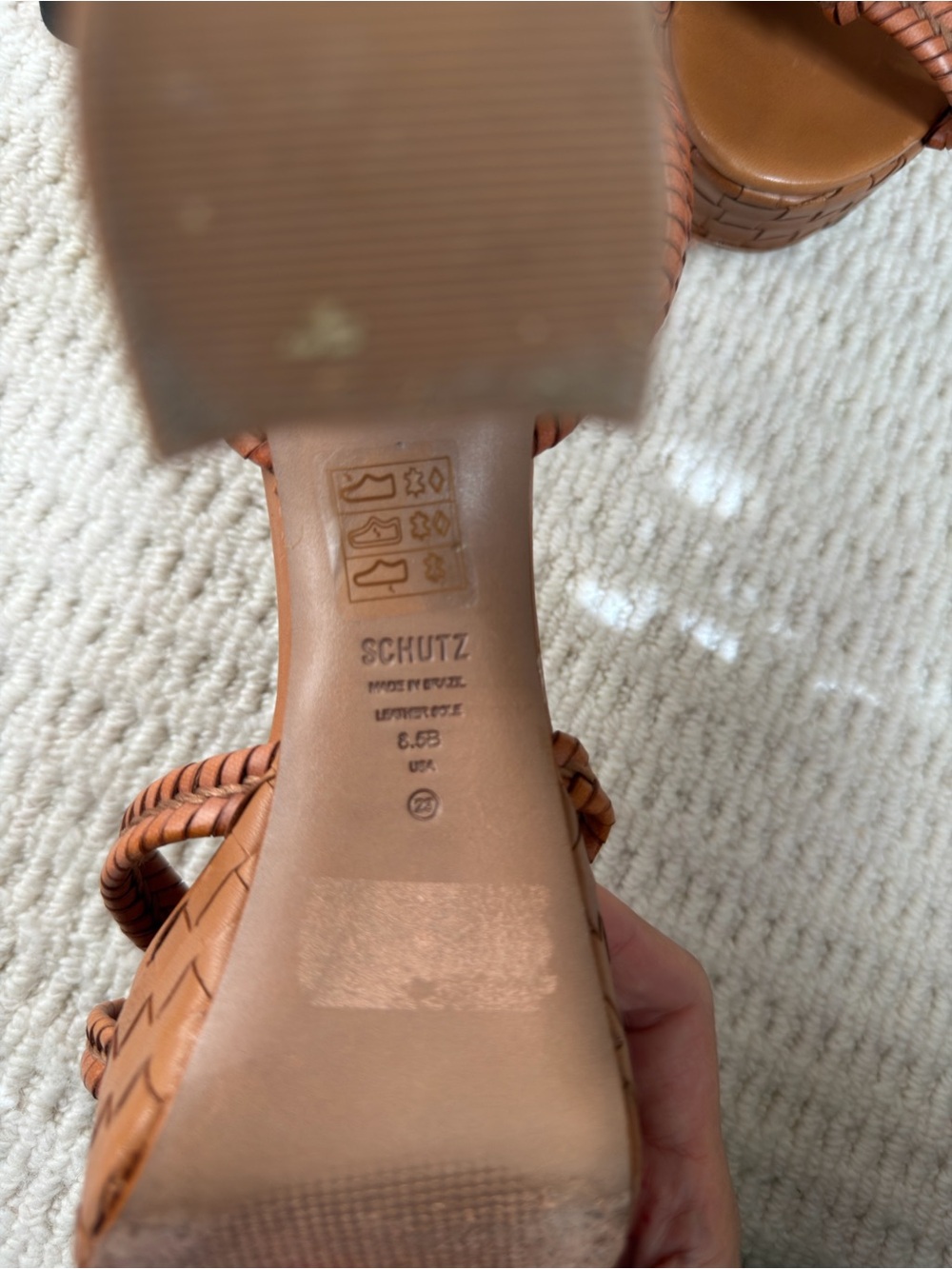 SCHUTZ Woven Cognac Braided Block Heel Sandals - Picture 2 of 6